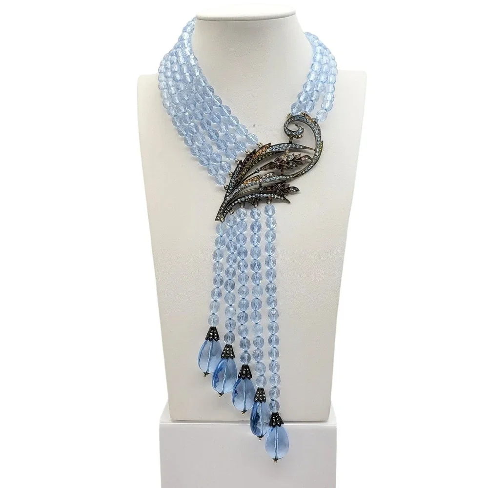 Blue Beaded Tassel‎ Necklace Heidi Daus Swarovski Crystal Layered Runway Fringe